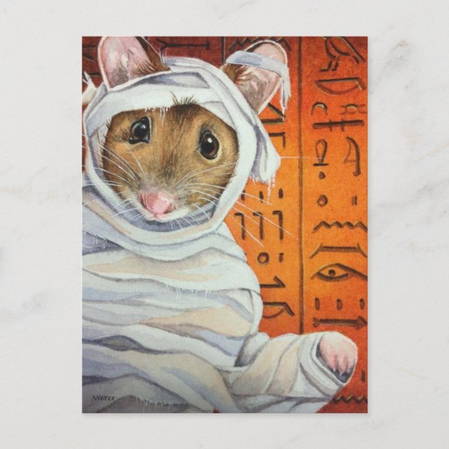 Postal Halloween Disstume Mummy Mouse Watercolor Art (Anverso)