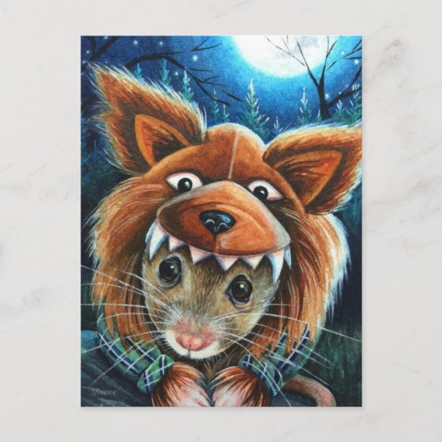 Postal Halloween Disstume Werewolf Mouse Watercolor Art (Anverso)