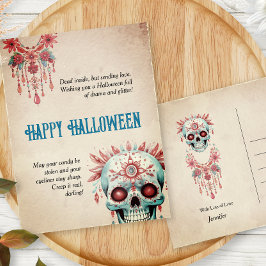 Postal Halloween divertido con el cráneo de azúcar azul r