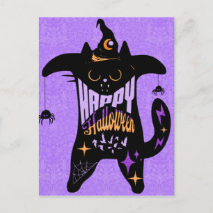 Postal Halloween divertido de bruja de gato negro retro