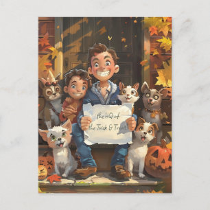 Postal Halloween Familia feliz con Mascotas