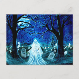 Postal Halloween, fantasma, cementerio, lápidas, cementer