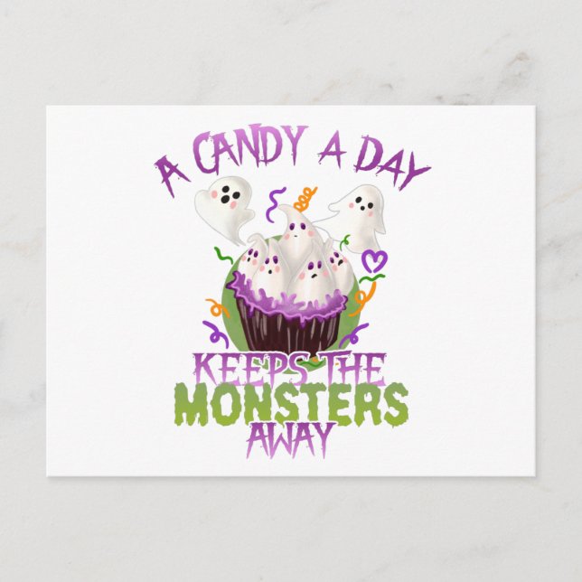 Postal Halloween Fantasmas Candy A Day Mantiene a los Mon (Anverso)