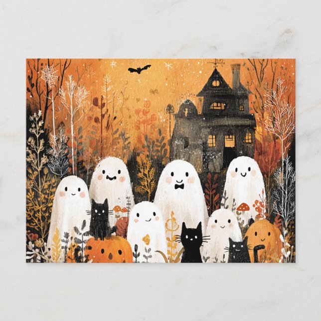 Postal Halloween fantasmas, gatos negros y murciélagos, (Anverso)