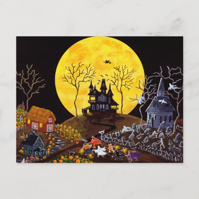 Postal Halloween, fantasmas, iglesia, piedras (Anverso)