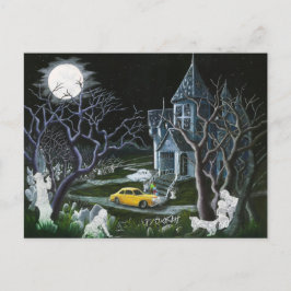 Postal Halloween, fantasmas, perseguidos, casa, mansión