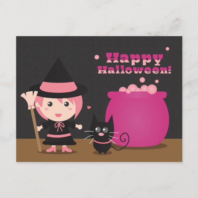 Postal Halloween feliz, bruja rosa suave y gato negro (Anverso)
