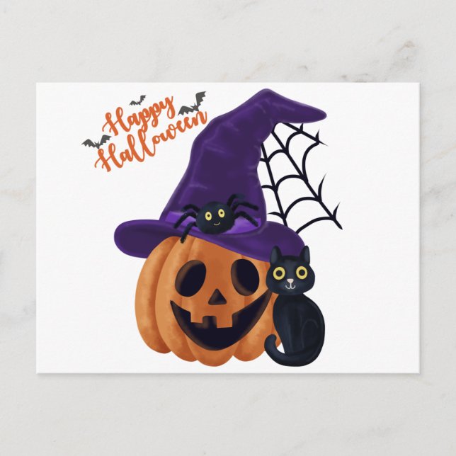 Postal Halloween feliz calabaza tallada con gato negro y (Anverso)