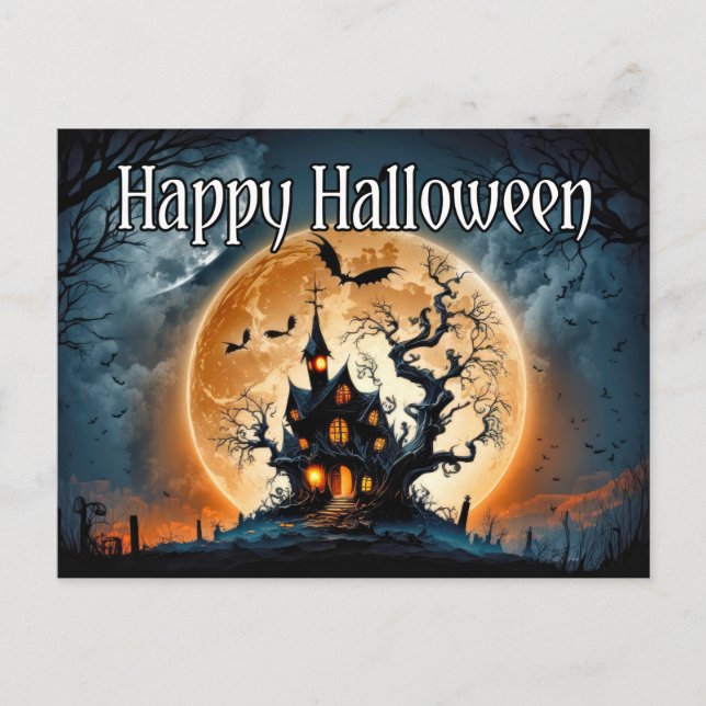 Postal Halloween feliz casa embrujada (Anverso)