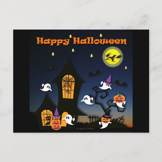 Postal Halloween feliz casa embrujada (Anverso)