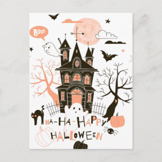 Postal Halloween feliz casa embrujada