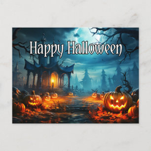 Postal Halloween feliz casa embrujada y calabazas espeluz