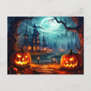 Postal Halloween feliz casa embrujada y calabazas espeluz