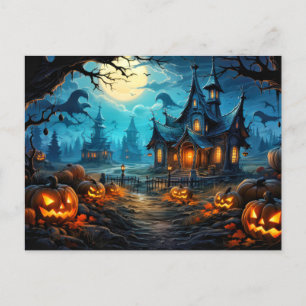 Postal Halloween feliz casa y calabazas de barro