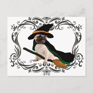 Postal halloween feliz escoba voladora bruja pug