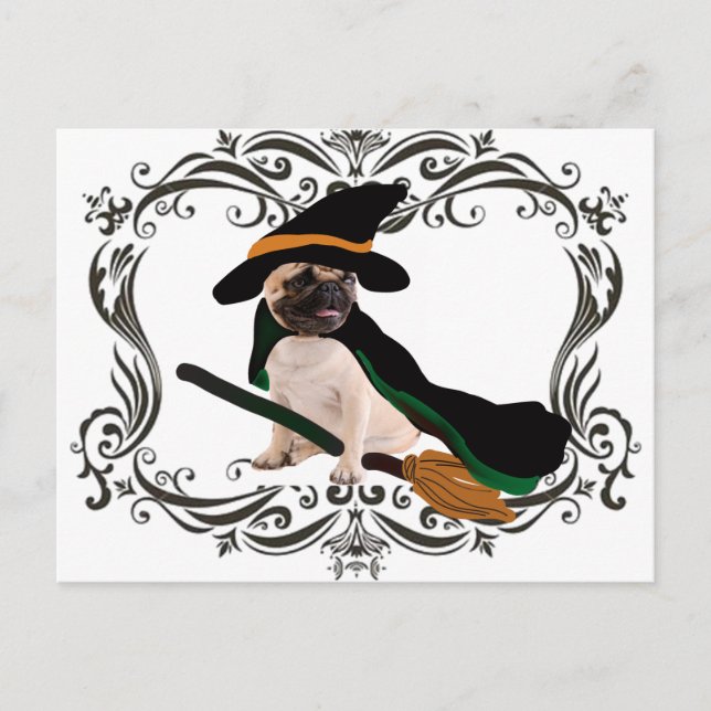 Postal halloween feliz escoba voladora bruja pug (Anverso)