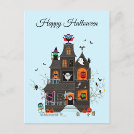 Postal Halloween Feliz y divertida, gente de la casa embr