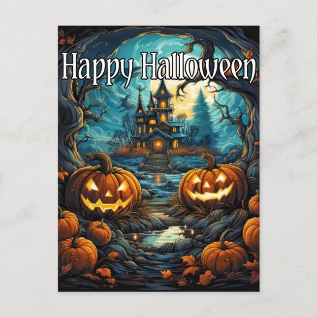 Postal Halloween feliz y espeluznante casa embrujada (Anverso)