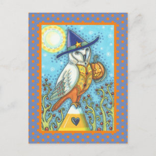 POSTAL HALLOWEEN FOLK ART BARN OWL & CANDY CORN