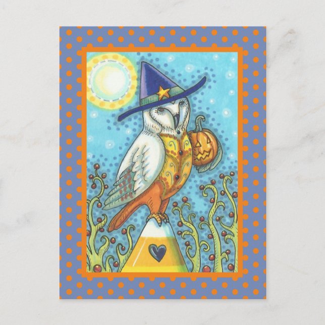 POSTAL HALLOWEEN FOLK ART BARN OWL & CANDY CORN (Anverso)