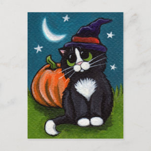 Postal Halloween Gato Brujo y Ilustracion Calabaza