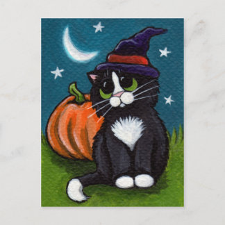 Postal Halloween Gato Brujo y Ilustracion Calabaza