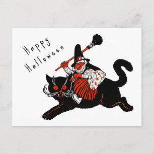 Postal Halloween Gato Negro Bruja Art Deco Vintage años 2