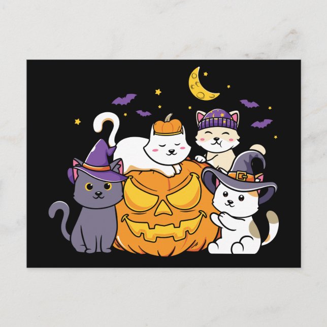 Postal Halloween Gatos Anime Cat Kawaii Calabaza (Anverso)