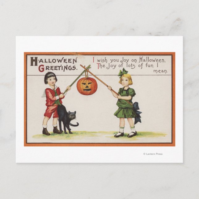 Postal Halloween GreetingPumpkin en el palo (Anverso)
