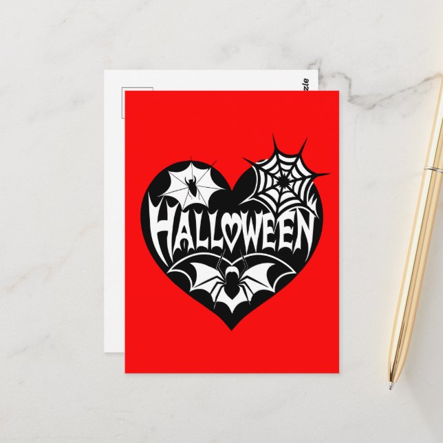 Postal Halloween Heart, Black Heart Shape, Spider Web (Anverso/Reverso In Situ)