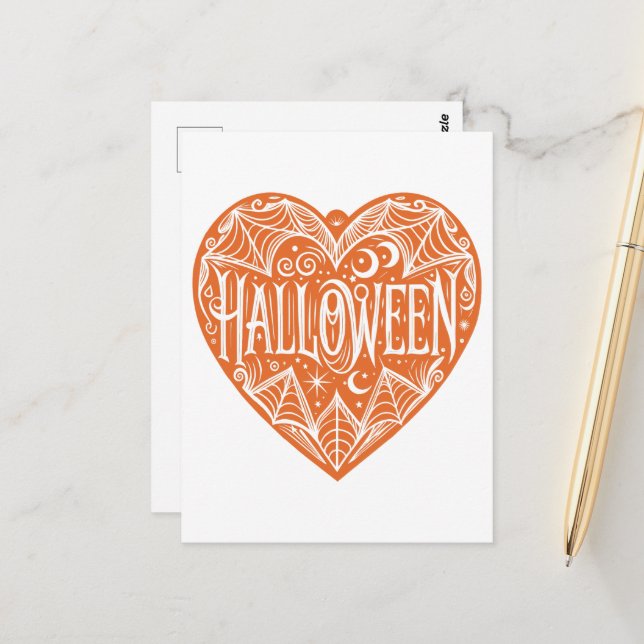 Postal Halloween Heart, Orange Heart Shape, Holiday (Anverso/Reverso In Situ)