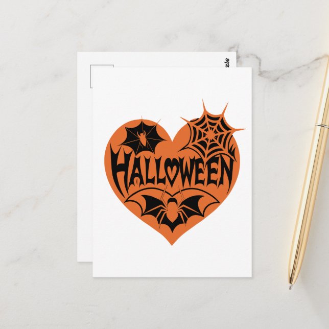 Postal Halloween Heart, Orange Heart Shape, Spider Web (Anverso/Reverso In Situ)
