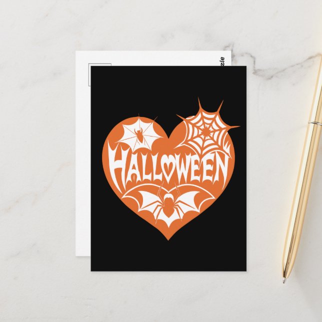 Postal Halloween Heart, Orange Heart Shape, Spider Web (Anverso/Reverso In Situ)