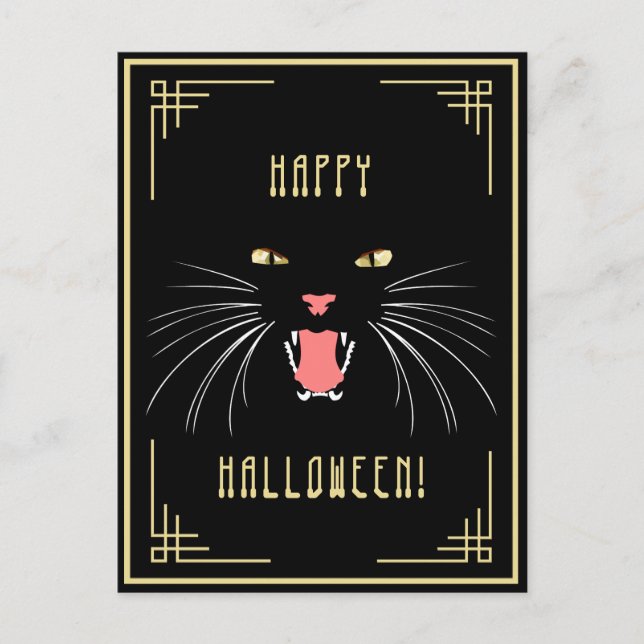 Postal Halloween Hissing Cat Black Elegant Postcard (Anverso)