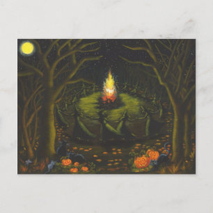 Postal Halloween, hoguera, brujas, cuernos, magia, baile