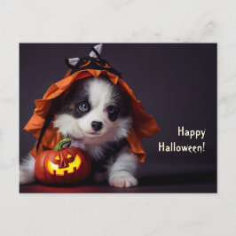 Postal Halloween Hund. Welpe mit Kürbissen. Niedlich.