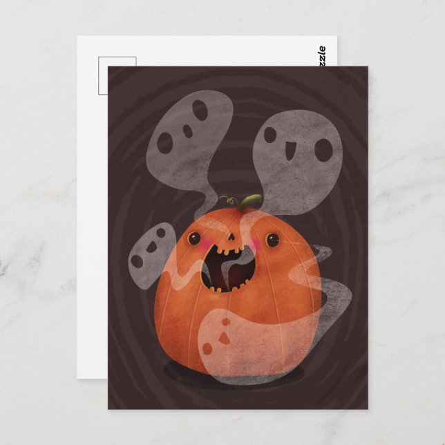 Postal Halloween inquietante con fantasmas de calabaza (Anverso / Reverso)