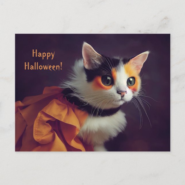Postal Halloween. Katze im Kürbis Kostüm. (Anverso)