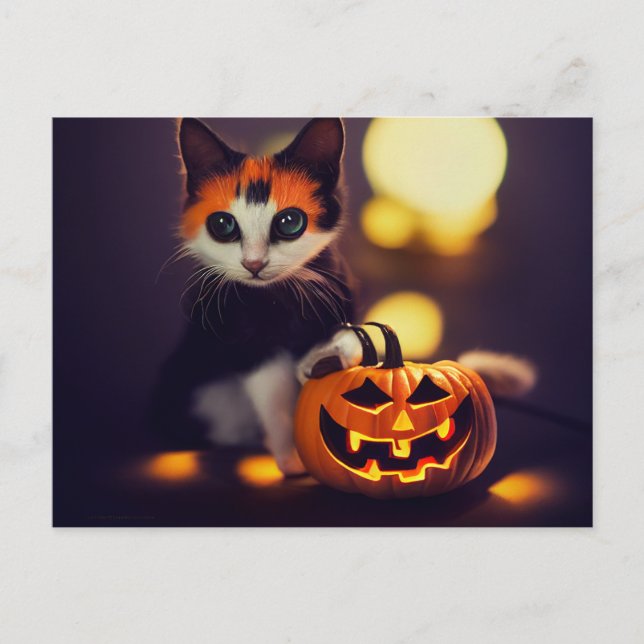 Postal Halloween Katze. Kitten mit Kürbissen. Niedlich (Anverso)