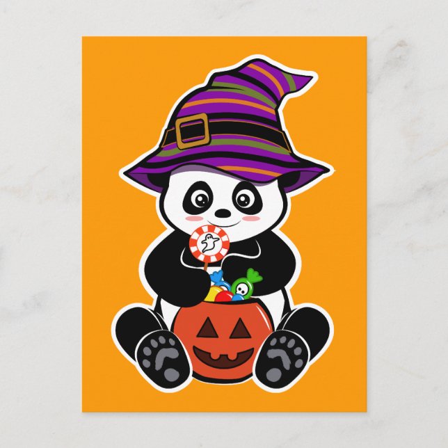 Postal Halloween kawaii Panda con caramelos (Anverso)