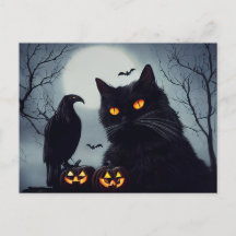 Halloween Kürbisse Katze und Rabe bei Vollmond.