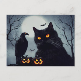 Postal Halloween Kürbisse Katze und Rabe bei Vollmond.