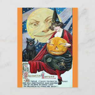 Postal Halloween Linda Bruja Vintage Gato Negro Luna Poem