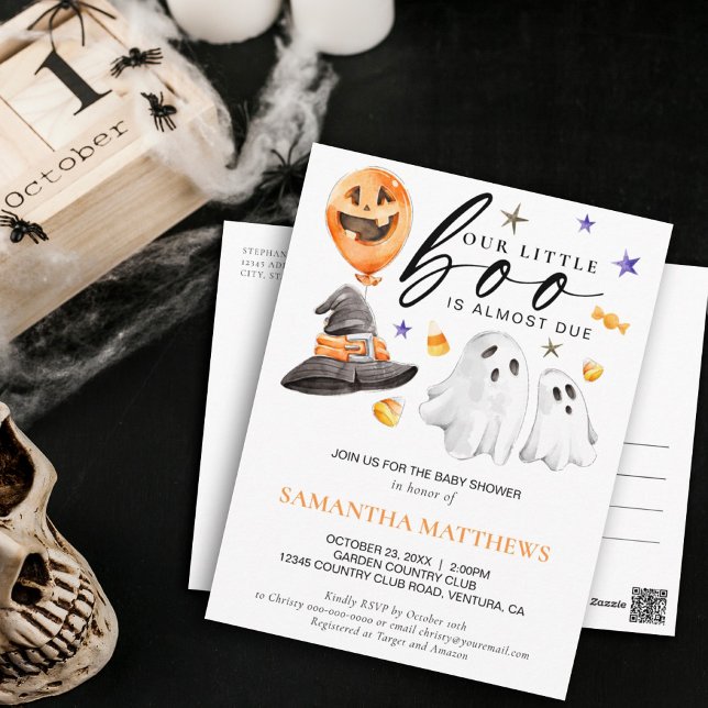 Postal Halloween Little Boo Watercolor Baby Shower (Little boo is almost due themed baby shower invitation with adorable Halloween watercolor ghosts.)