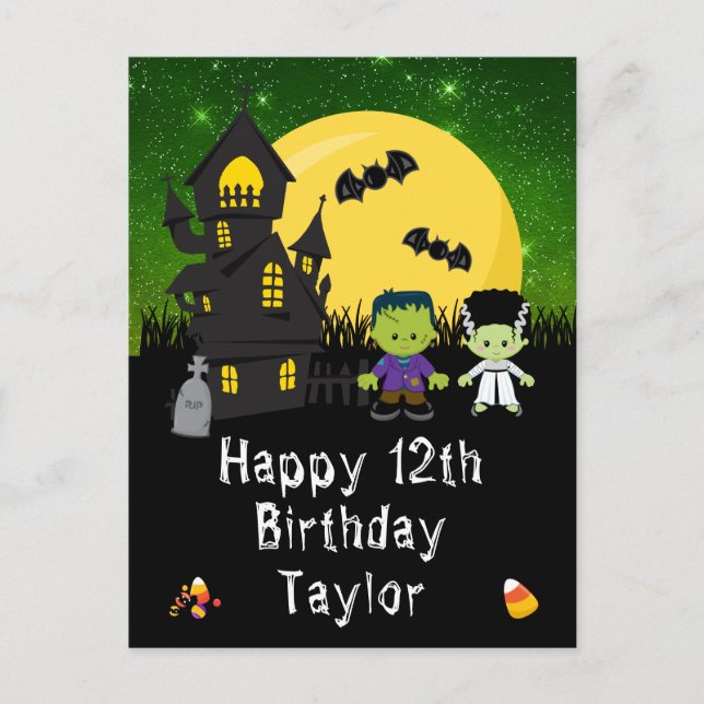 Postal Halloween Monsters Green Happy Birday (Anverso)