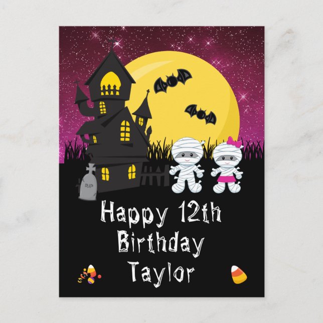 Postal Halloween Mummy Pink Feliz cumpleaños (Anverso)