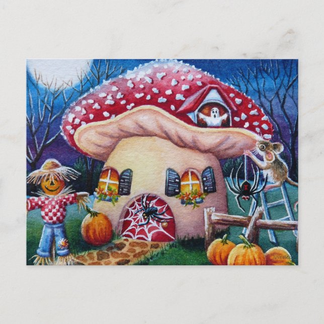 Postal Halloween Mushroom Mouse House Spids Watercolor (Anverso)