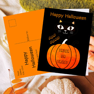 Postal Halloween Naranja espeluznante Trick negro de gato