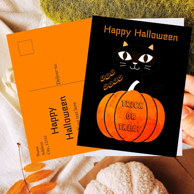 Postal Halloween Naranja espeluznante Trick negro de gato (Subido por el creador)