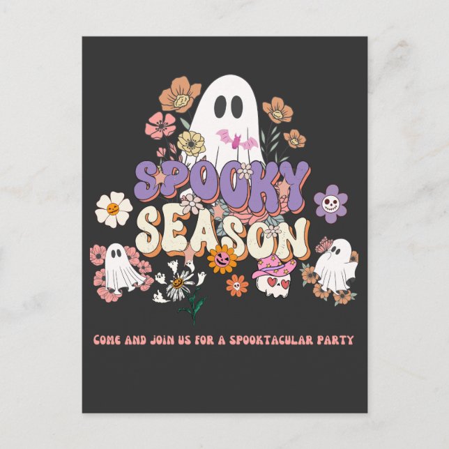 Postal Halloween Naranja púrpura negro fantasma traviesa (Anverso)